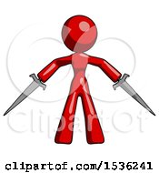 Poster, Art Print Of Red Design Mascot Woman Two Sword Defense Pose