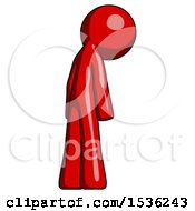 Red Design Mascot Man Depressed With Head Down Back To Viewer Right