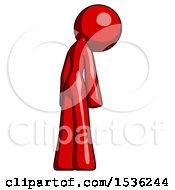 Red Design Mascot Woman Depressed With Head Down Back To Viewer Right