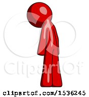 Poster, Art Print Of Red Design Mascot Man Depressed With Head Down Back To Viewer Left