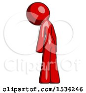 Poster, Art Print Of Red Design Mascot Woman Depressed With Head Down Back To Viewer Left