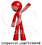 Red Design Mascot Woman Waving Emphatically With Left Arm