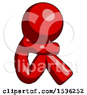 Red Design Mascot Man Sitting With Head Down Facing Sideways Right