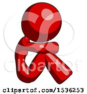 Red Design Mascot Woman Sitting With Head Down Facing Sideways Right