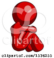 Red Design Mascot Woman Sitting With Head Down Back View Facing Right