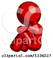 Red Design Mascot Woman Sitting With Head Down Back View Facing Left