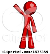 Red Design Mascot Man Waving Emphatically With Right Arm