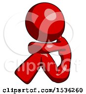 Red Design Mascot Woman Sitting With Head Down Facing Sideways Left