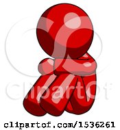 Red Design Mascot Man Sitting With Head Down Facing Angle Left