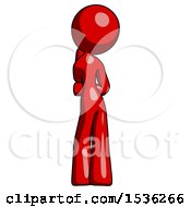 Red Design Mascot Woman Thinking Wondering Or Pondering Rear View