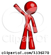 Red Design Mascot Woman Waving Emphatically With Right Arm
