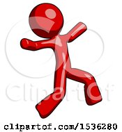 Poster, Art Print Of Red Design Mascot Man Running Away In Hysterical Panic Direction Right