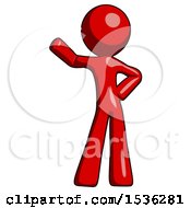 Red Design Mascot Man Waving Right Arm With Hand On Hip