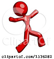 Poster, Art Print Of Red Design Mascot Woman Running Away In Hysterical Panic Direction Right