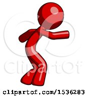 Red Design Mascot Man Sneaking While Reaching For Something