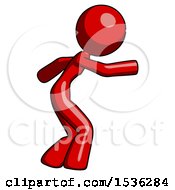 Red Design Mascot Woman Sneaking While Reaching For Something