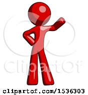 Red Design Mascot Man Waving Left Arm With Hand On Hip