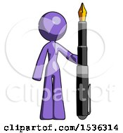Purple Design Mascot Woman Holding Giant Calligraphy Pen