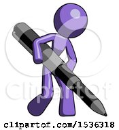 Purple Design Mascot Woman Writing With A Huge Pen