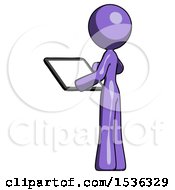 Poster, Art Print Of Purple Design Mascot Woman Looking At Tablet Device Computer With Back To Viewer