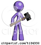 Poster, Art Print Of Purple Design Mascot Woman With Sledgehammer Standing Ready To Work Or Defend