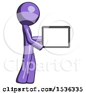 Poster, Art Print Of Purple Design Mascot Man Show Tablet Device Computer To Viewer Blank Area