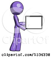 Poster, Art Print Of Purple Design Mascot Woman Show Tablet Device Computer To Viewer Blank Area