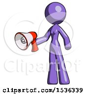 Purple Design Mascot Woman Holding Megaphone Bullhorn Facing Right