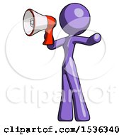 Purple Design Mascot Woman Shouting Into Megaphone Bullhorn Facing Left