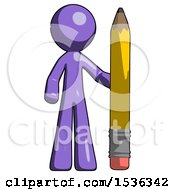 Poster, Art Print Of Purple Design Mascot Man With Large Pencil Standing Ready To Write