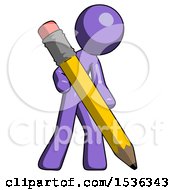 Purple Design Mascot Man Writing With Large Pencil