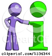 Purple Design Mascot Man With Info Symbol Leaning Up Against It