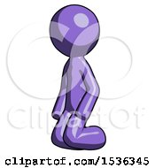Purple Design Mascot Man Kneeling Angle View Left