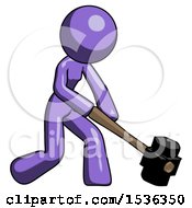 Purple Design Mascot Woman Hitting With Sledgehammer Or Smashing Something At Angle