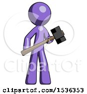 Purple Design Mascot Man With Sledgehammer Standing Ready To Work Or Defend