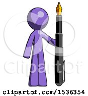 Purple Design Mascot Man Holding Giant Calligraphy Pen