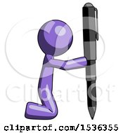 Purple Design Mascot Man Posing With Giant Pen In Powerful Yet Awkward Manner