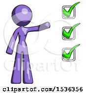 Poster, Art Print Of Purple Design Mascot Woman Standing By A Checkmark List Arm Extended