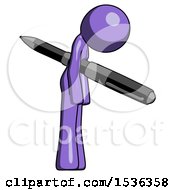 Purple Design Mascot Woman Impaled Through Chest With Giant Pen
