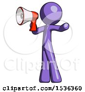 Purple Design Mascot Man Shouting Into Megaphone Bullhorn Facing Left