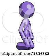Purple Design Mascot Woman Kneeling Angle View Right