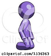 Purple Design Mascot Man Kneeling Angle View Right