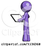 Purple Design Mascot Man Looking At Tablet Device Computer With Back To Viewer