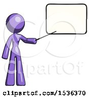 Purple Design Mascot Woman Pointing At Dry-Erase Board With Stick Giving Presentation