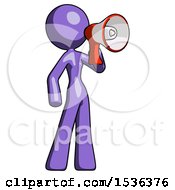 Purple Design Mascot Woman Shouting Into Megaphone Bullhorn Facing Right