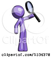 Poster, Art Print Of Purple Design Mascot Man Inspecting With Large Magnifying Glass Facing Up