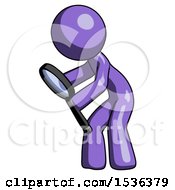 Purple Design Mascot Man Inspecting With Large Magnifying Glass Left