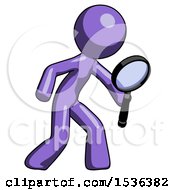 Poster, Art Print Of Purple Design Mascot Man Inspecting With Large Magnifying Glass Right