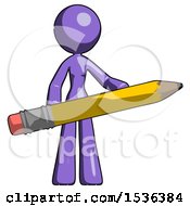 Poster, Art Print Of Purple Design Mascot Woman Office Worker Or Writer Holding A Giant Pencil