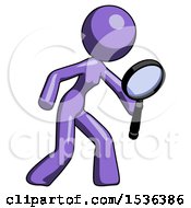 Poster, Art Print Of Purple Design Mascot Woman Inspecting With Large Magnifying Glass Right